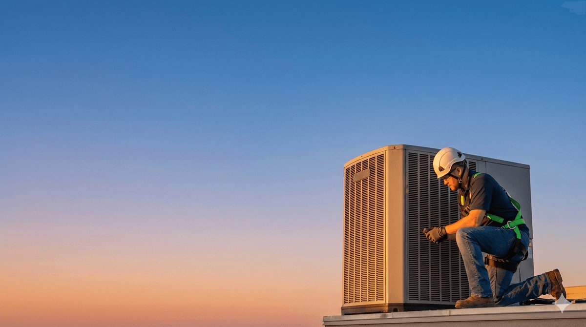 Pacific NW Heating & Air technician performing HVAC maintenance in a Portland home